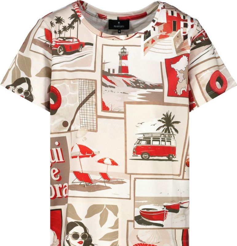 monari - Shirt - Lichtbruin - Kaki - Rood - Wit - Kwartmouw - Ronde Hals