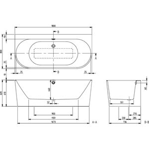 Villeroy & Boch Oberon 2.0 halfvrijstaand bad - 180x80cm - Quaryl - incl. afvoer-/overloopcombinatie in chroom en wit - mat wit