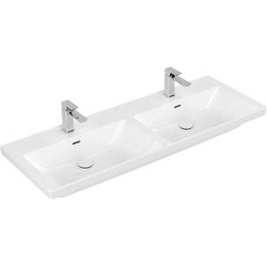 Wastafel villeroy & boch subway 3.0 dubbele wasbak met ceramicplus 2 kraangaten met overloop 130x47x16.5 cm wit alpin