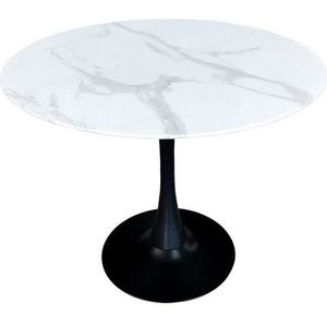 Möbilia tafel 100 cm Ø | rond | glazen blad in marmerlook | B 100 x D 100 x H 74 cm | wit - wit Multi-materiaal 28020006