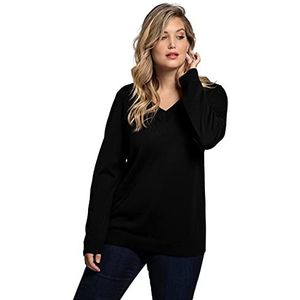 Ulla Popken Dames, V-hals, lange mouwen, zachte fijn gebreide trui, zwart, 62/64 NL