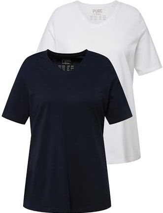 Ulla Popken - Shirt - Zwart/Wit - 2 Pack - V-hals - Halve Mouw