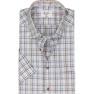 MARVELIS - Modern Fit - Overhemd - Wit met Blauw en Beige Geruit - Korte Mouw