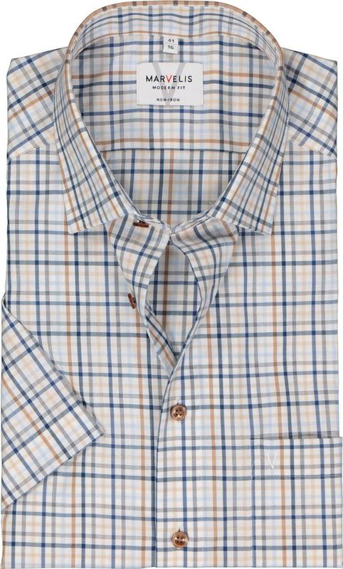 MARVELIS - Modern Fit - Overhemd - Wit met Blauw en Beige Geruit - Korte Mouw