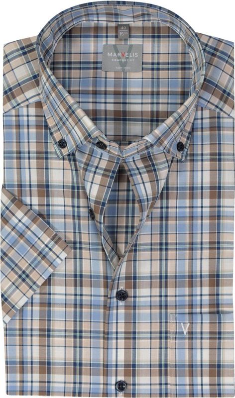 MARVELIS - Overhemd - Lichtbruin Geruit - Korte Mouwen - Poplin