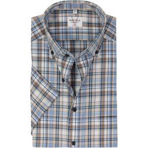 MARVELIS - Modern Fit Overhemd - Korte Mouw - Popeline - Lichtbruin Geruit - Strijkvrij