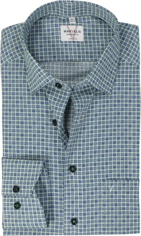 MARVELIS - Modern Fit - Overhemd - Groen Dessin - Lange Mouwen