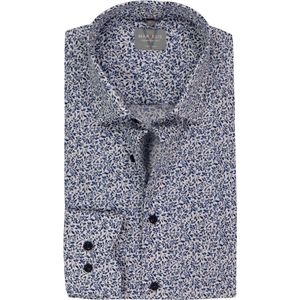MARVELIS - Comfort Fit - Overhemd - Beige met Blauw Dessin - Strijkvrij - Boordmaat 44