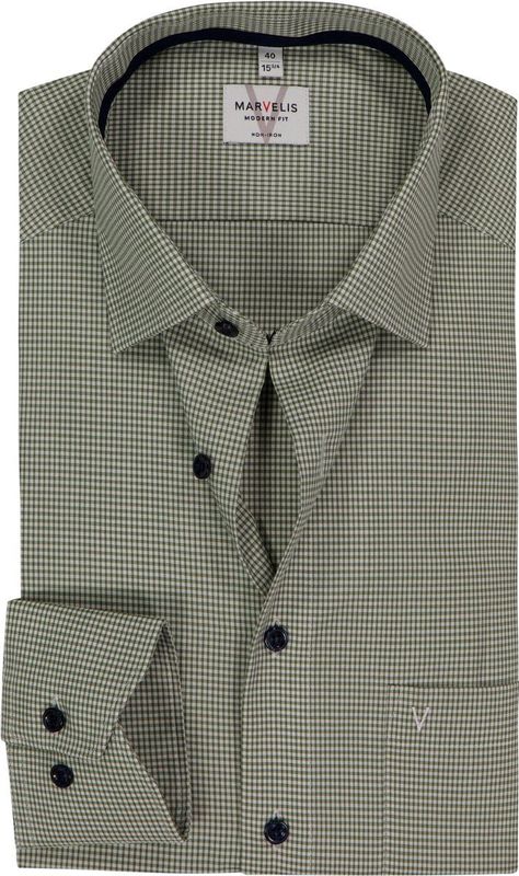 MARVELIS - Modern Fit - Overhemd - Olijfgroen Geruit - Strijkvrij