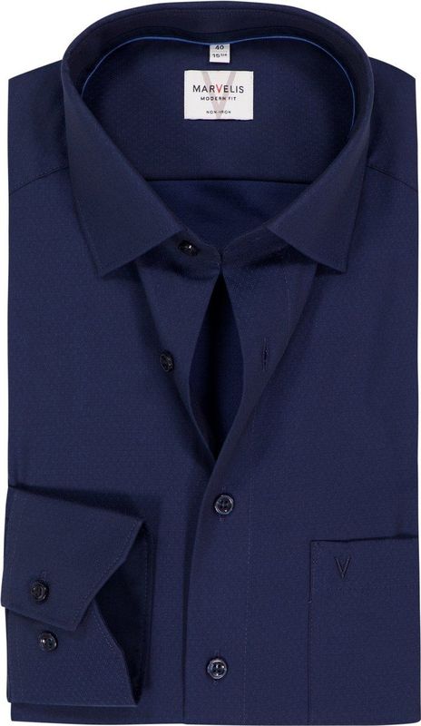MARVELIS modern fit overhemd - mouwlengte 7 - structuur - donkerblauw - Strijkvrij - Boordmaat: 39