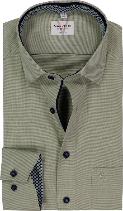 MARVELIS - Modern Fit - Overhemd - Olijfgroen - Strijkvrij