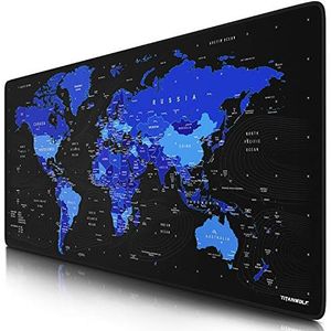 Titanwolf XXL Gaming-muismat, 900 x 400 mm, grote muismat-onderlegger, precisie en snelheid, rubberen antislip-onderkant, duurzaam, waterafstotend, wereldkaart zwart-blauw