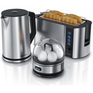 Arendo Frühstücksset 3-teilig, 1,5l Wasserkocher, 4-Scheiben Langschlitz Toaster, 7er Eierkocher, Silber