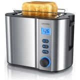 Arendo - Toaster für 2 Scheiben mit Restzeitanzeige, 800W, wärmeisolierendes Doppelwandgehäuse, Brötchenaufsatz, Auftaufunktion, Silber