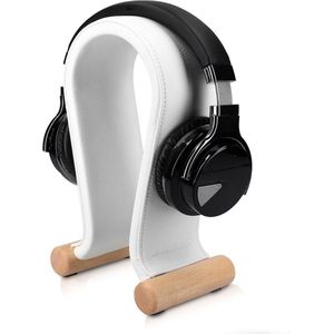 Navaris standaard voor koptelefoon - Koptelefoonhouder met imitatieleren bekleding - Universele houder voor hoofdtelefoon met houten pootjes - Wit