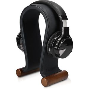Navaris standaard voor koptelefoon - Koptelefoonhouder met imitatieleren bekleding - Universele houder voor hoofdtelefoon met houten pootjes - Zwart