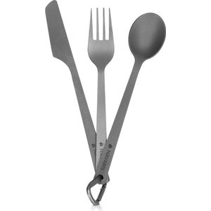 Navaris - Campingbestek - Titanium - Set met Vork Mes en Lepel - Inclusief Karabijnhaak en Bewaarzakje