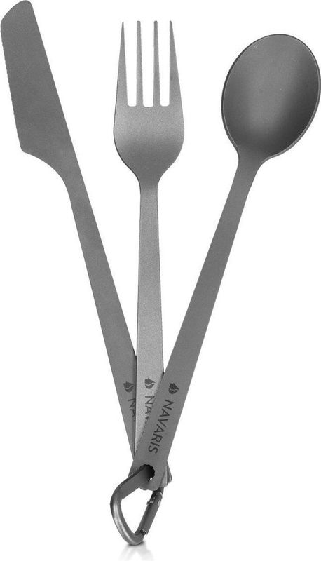 Navaris - Campingbestek - Titanium - Set met Vork Mes en Lepel - Inclusief Karabijnhaak en Bewaarzakje
