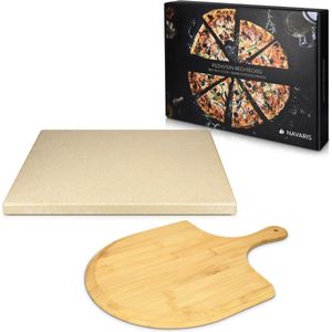 Navaris pizzasteen XL voor oven en barbecue - Rechthoekige pizzaplaat 38 x 30 cm - Inclusief pizzaschep van bamboe - Keramisch geglazuurd