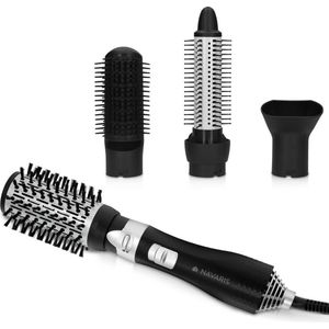Navaris hot air styling haarborstel - Ronde warmeluchtborstel - Met intrekbare borstelharen - 4 opzetstukken - Zwart/zilver