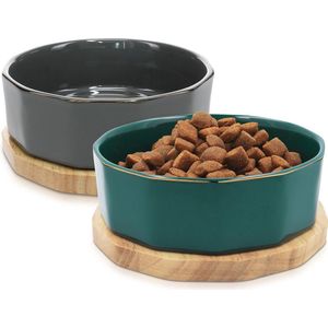 Navaris - Voerbakken - Set van 2 - Grijs/Petrol - Keramiek - 800 ml