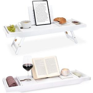 Navaris inklapbaar dienblad van bamboe - Houten ontbijt-op-bed-dienblad- Verstelbare lengte 75-108 cm - Voor op bed in en in bad - Wit