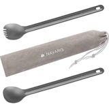 Navaris - Spork en Lepel - Titanium - Extra Lange Handgreep - Lichtgewicht - Inclusief Bewaarzakje