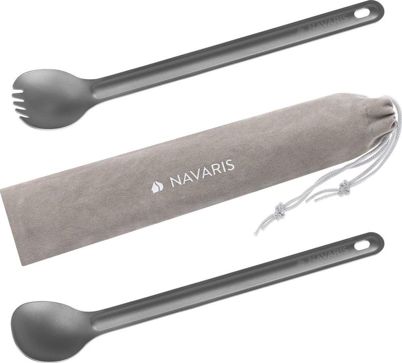 Navaris - Spork en Lepel - Titanium - Extra Lange Handgreep - Lichtgewicht - Inclusief Bewaarzakje