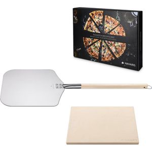 Navaris pizzasteen XL voor oven en barbecue - Rechthoekige pizzaplaat 38 x 30 cm - Inclusief pizzaschep met extra lang handvat en receptenboek