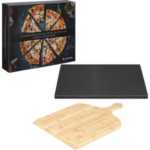 Navaris pizzasteen XL voor oven, steengrill en barbecue - Rechthoekige pizzaplaat 38 x 30 cm - Set inclusief bamboe pizzaschep en receptenboek