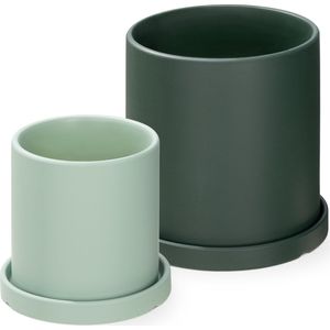 Navaris keramische bloempot inclusief schotel - Set van 2 plantenpotten met onderzetter - 11x11 cm en 17x17 cm - Groen