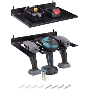 Navaris gereedschapshouder voor de werkplaats - Ophangsysteem voor 3 boormachines - Organizer voor gereedschap - Incl. plankje voor accu's en opladers