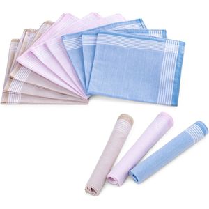 JEMIDI dames- en herenzakdoeken 100% katoen - 28,5 x 28,5 cm - Combinatie van crème, blauw of roze met wit - Set van 12 - Herbruikbare zakdoeken