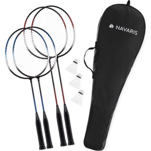 Navaris badmintonset rackets en shuttles - Set voor badminton voor kinderen en volwassen - 4x racket en 3x shuttle - Inclusief draagtas