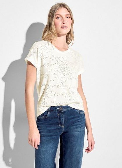 Cecil - Ajour T-shirt - Wit - Afgeronde V-hals, Oversized Schouders