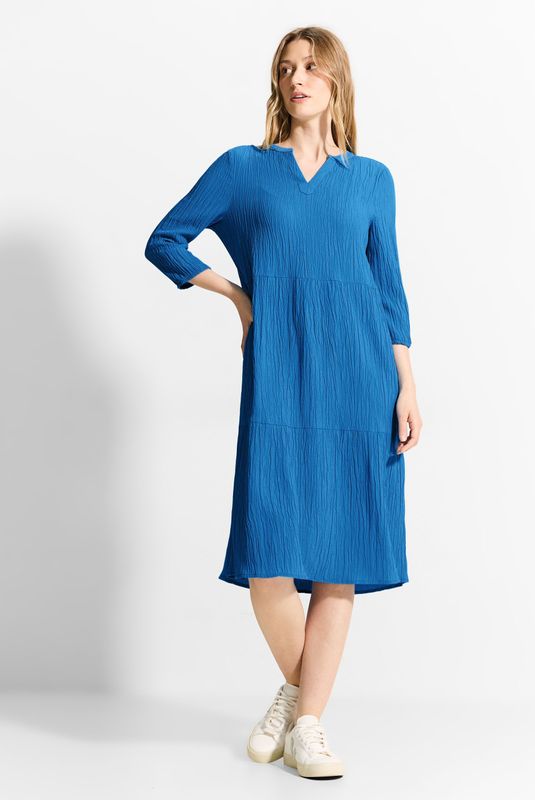 Cecil - Tuniekjurk - Blauw - Midi-jurk in Seersucker - 3/4 Mouwen met Manchetten
