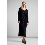 Street One - Maxi-jurk - Zwart - V-hals, Lange Mouwen, Zijsplitten, Viscosemix