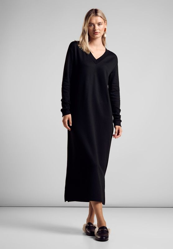 Street One - Maxi-jurk - Zwart - V-hals, Lange Mouwen, Zijsplitten, Viscosemix