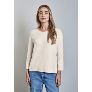 Gebreide Trui - Cream White Melange - 3/4-Mouwen - Ronde Hals - Ribboord