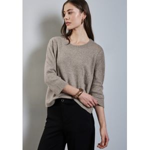 Gebreide Trui - Breezy Beige - 3/4-Mouwen - Ronde Hals - Ribboord