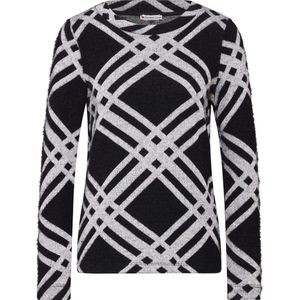 Gebreide Trui - Zwart - Met Geruit Patroon - Ronde Hals - Lange Mouwen