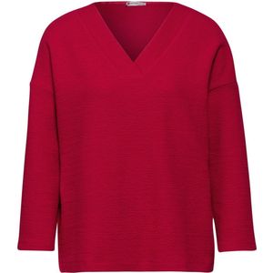 Street One - A322236 - Gestructureerd T-shirt - Herfstrood - V-hals - 3/4 Mouwen - Katoenmix met Stretchgehalte