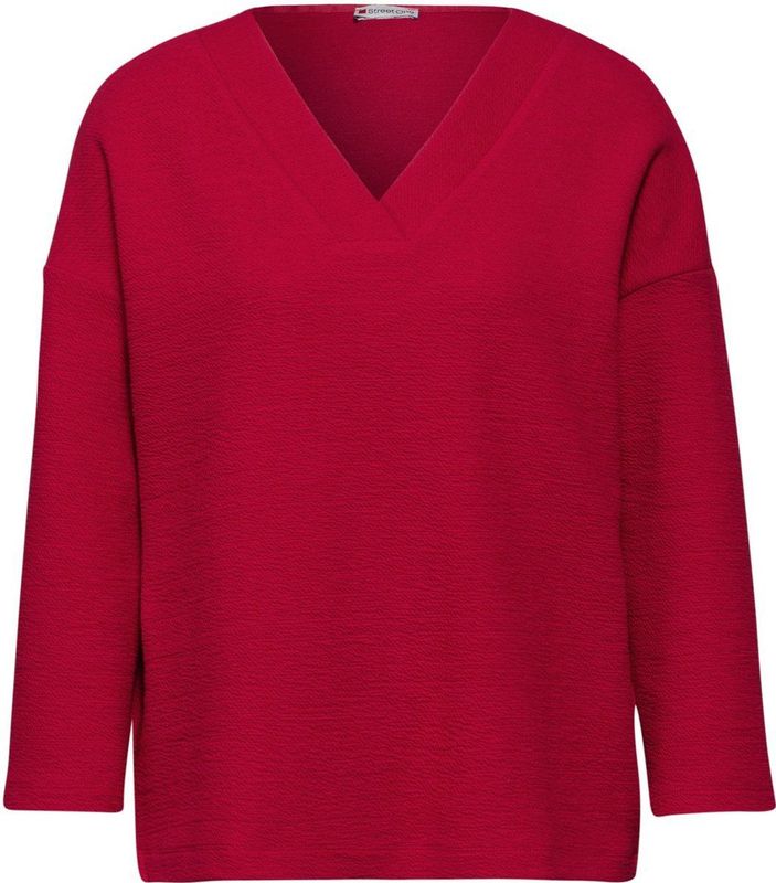 Street One - A322236 - Gestructureerd T-shirt - Herfstrood - V-hals - 3/4 Mouwen - Katoenmix met Stretchgehalte