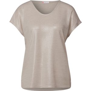 Street One - Glitterend V-hals Shirt - Beige - Lichtgewicht Jerseystof