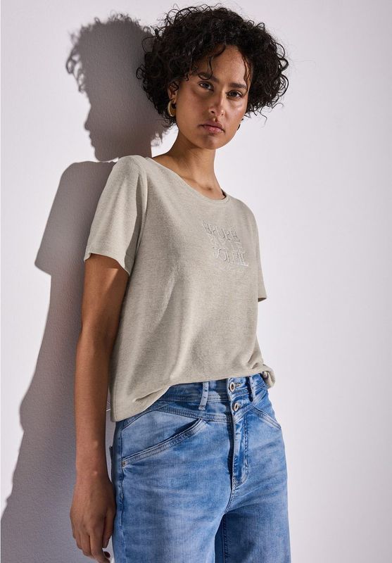 Street One - T-shirt - Moonstone sand - Met Tekst - Korte Mouwen