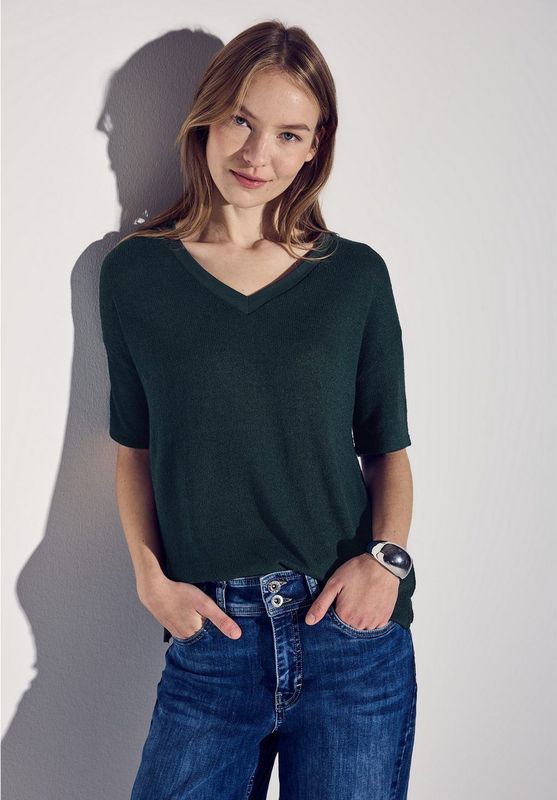 Street One - T-shirt - Hunter Green - Dames - Gebreide Look