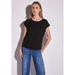 Street One, Tops, Dames, Zwart, 2Xs, Elegante Viscose T-shirt met Decoratieve Halslijn