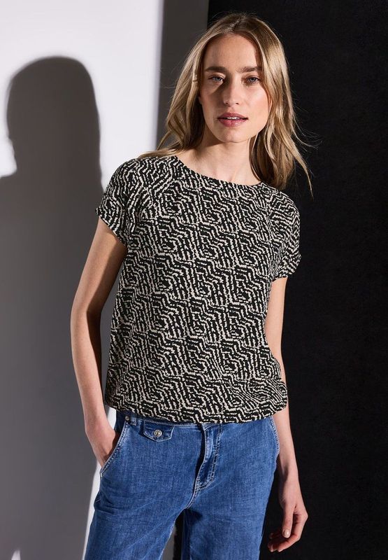 Street One - Dames Shirt - Zwart - Korte Mouwen - Grafisch Patroon