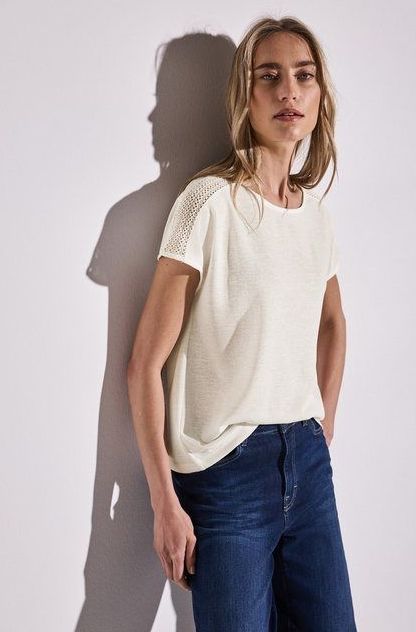 Street One - Damesshirt - Off-white - Linnen Look - Kanten Detail