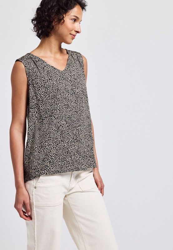 Street One - Leeuw - Blousetop - Beige - Mouwloos, Dierenprint, V-hals, Gesmokte Details